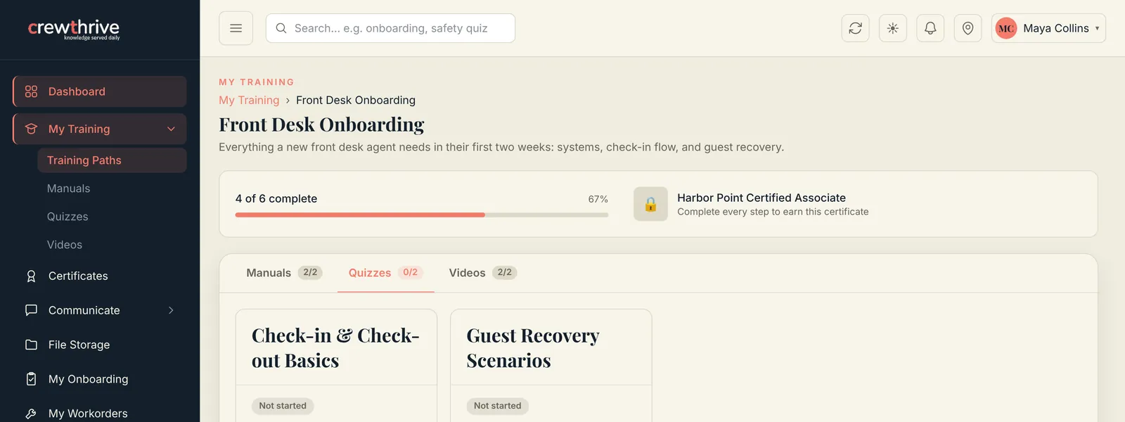 A training path inside the CrewThrive app